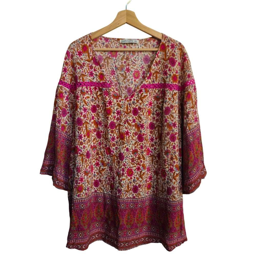 Rusttydustty 4XL Boho Floral Tunic Top Bell Sleeve Flowerchild Peasant Festival